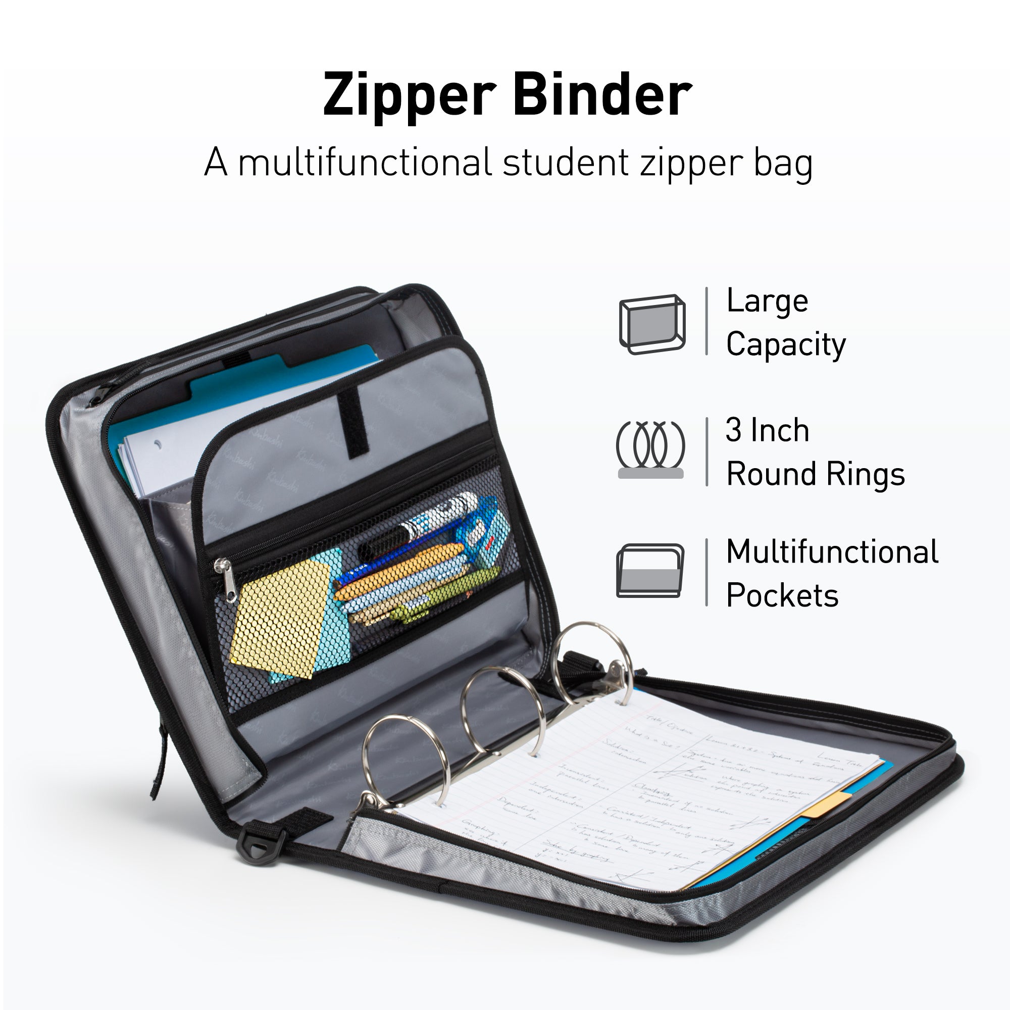 3 Inch Zipper Binder, Black